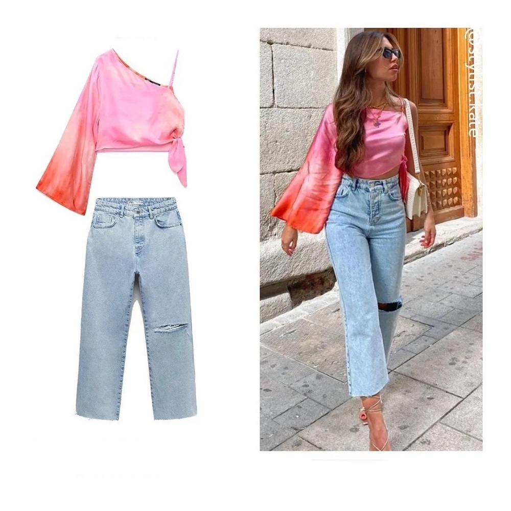 ZARA ASYMMETRICAL TIE-DYE TOP ONE SHOULDER PINK